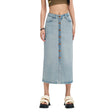A model wearing a light-wash blue denim midi skirt with a button-down front, styled with a brown crop top and cream slide sandals against a plain white background.