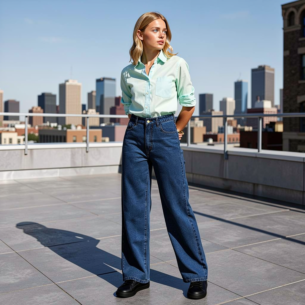 Woman standing on a rooftop with a city skyline in the background
