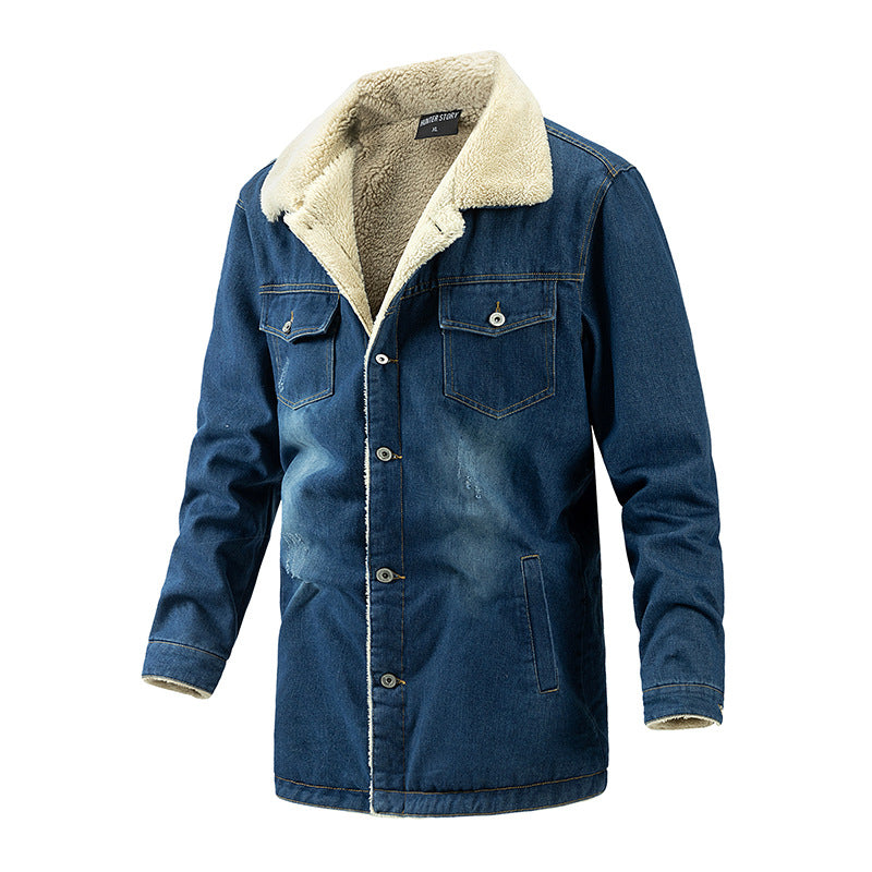 Men's Dark Blue Mid-length Fleece Lined Denim Jacket
