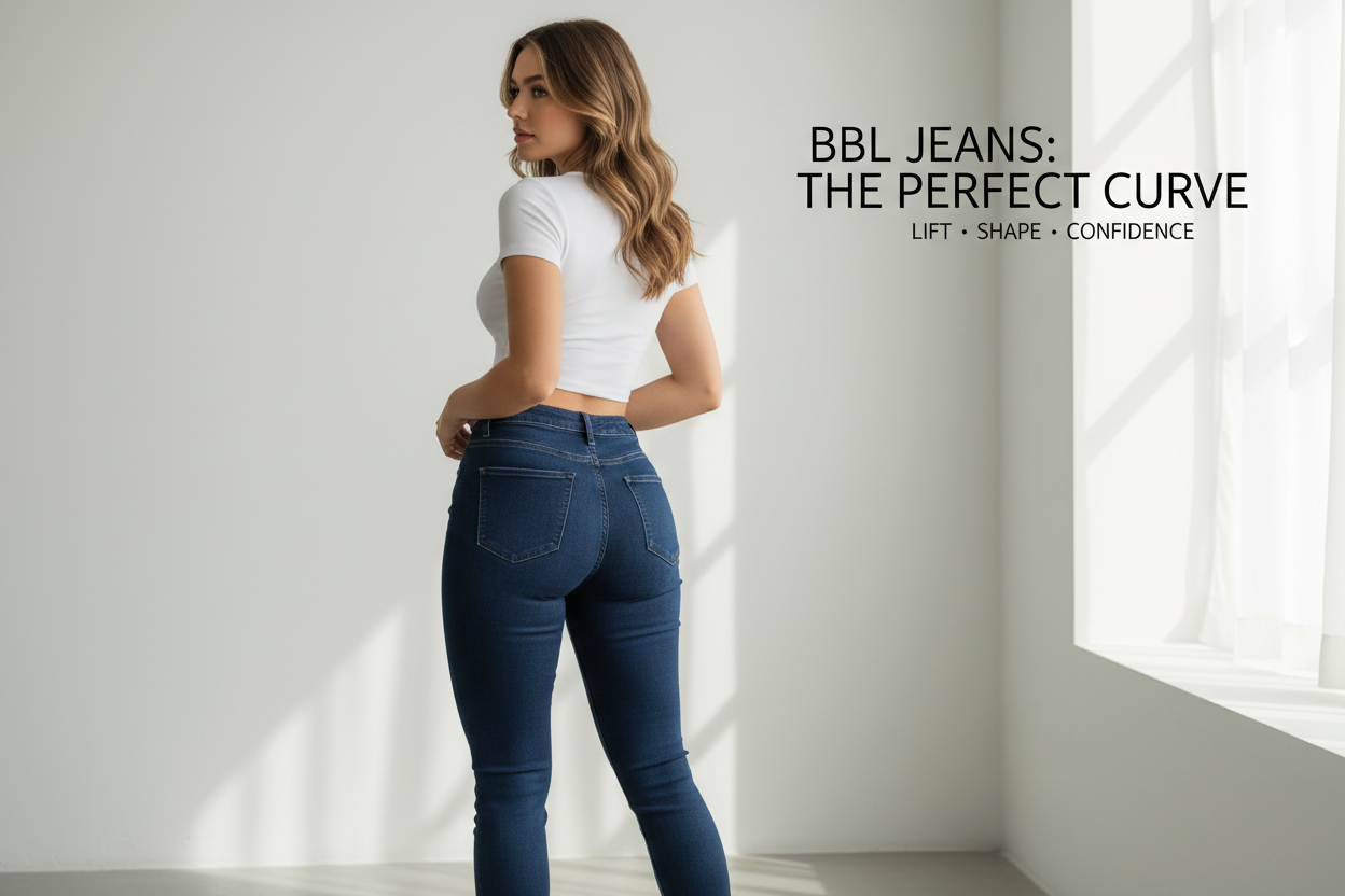BBL jeans showcasing the flattering peach-shaped lift and curve-enhancing fit from behind