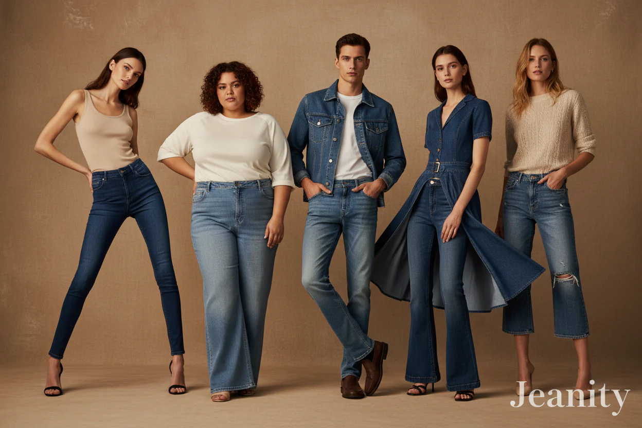 Five models wearing different Jeanity denim styles including skinny, wide leg, straight, flare and cropped jeans