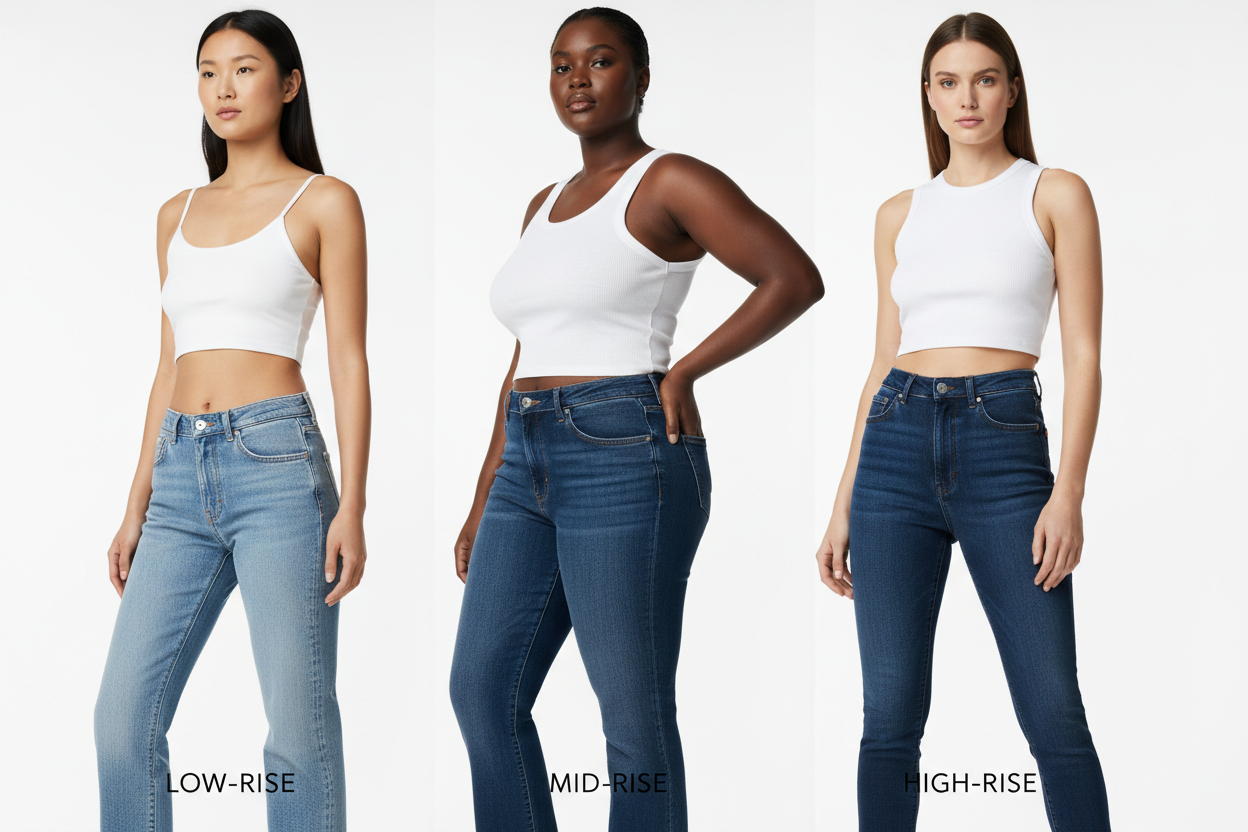 Three women wearing different jean rises - low-rise, mid-rise, and high-waisted jeans