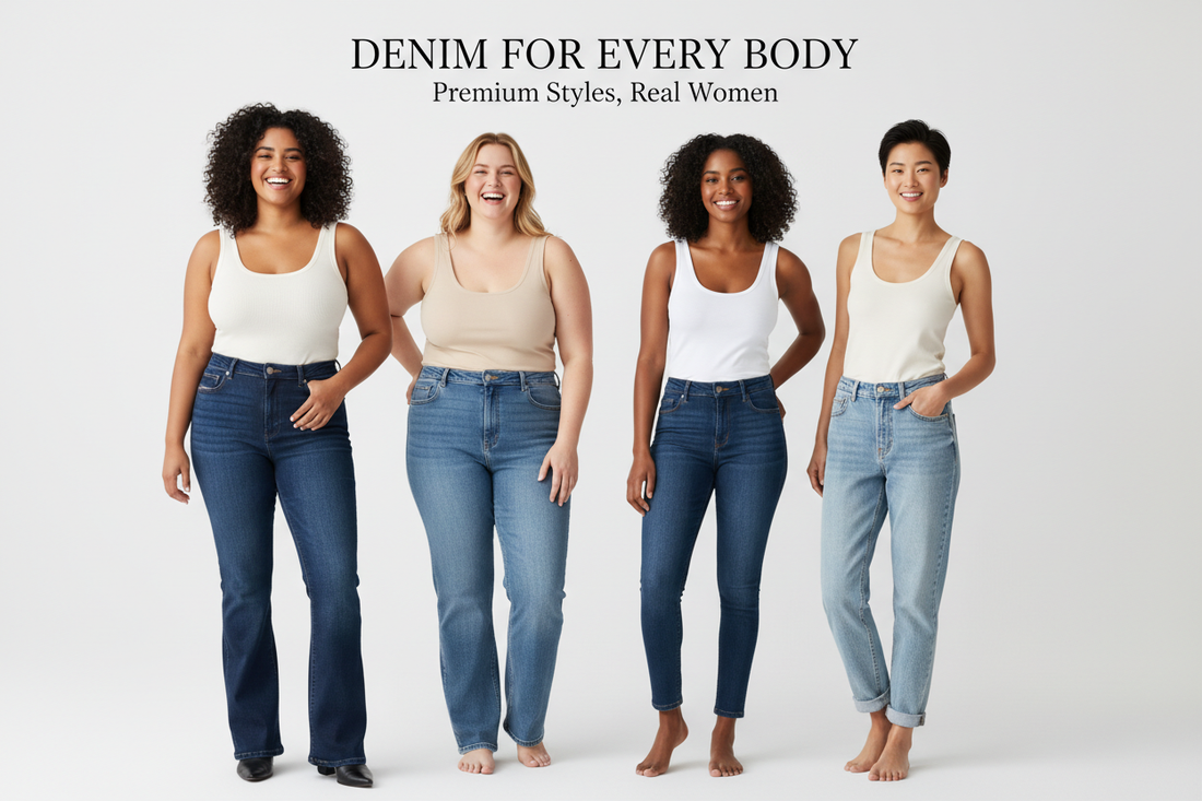 Diverse women of different body types confidently wearing jeans that flatter their unique shapes