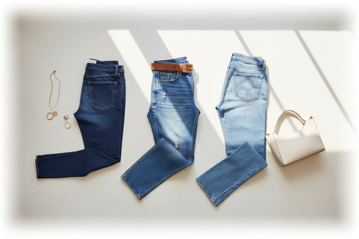 Collection of women's denim jeans in various styles including high-waisted skinny, boyfriend, and flared jeans