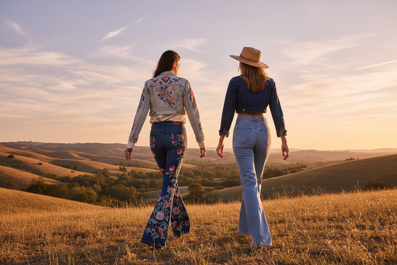 Two women walking in denim