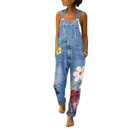 Floral Print Denim Overalls