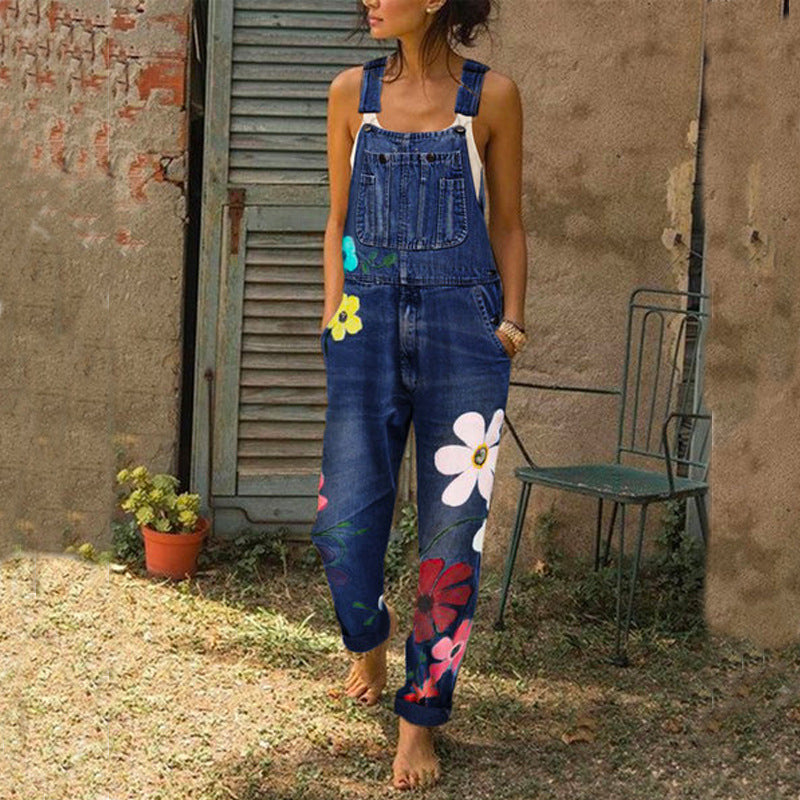 Floral Print Denim Overalls