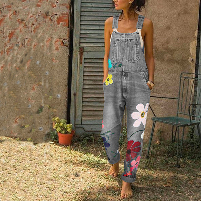 Floral Print Denim Overalls