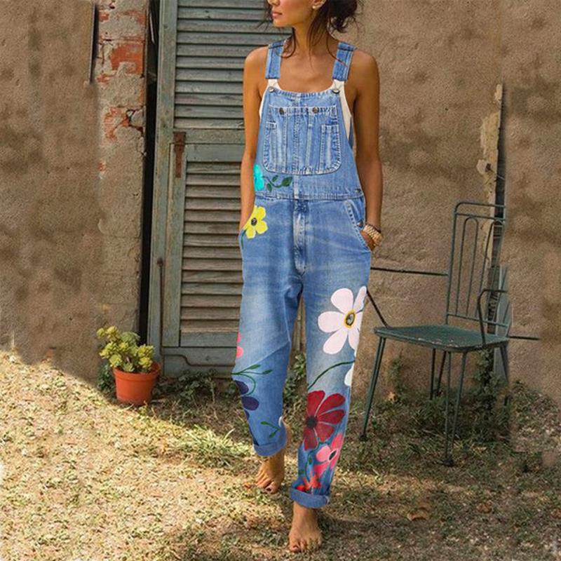 Floral Print Denim Overalls