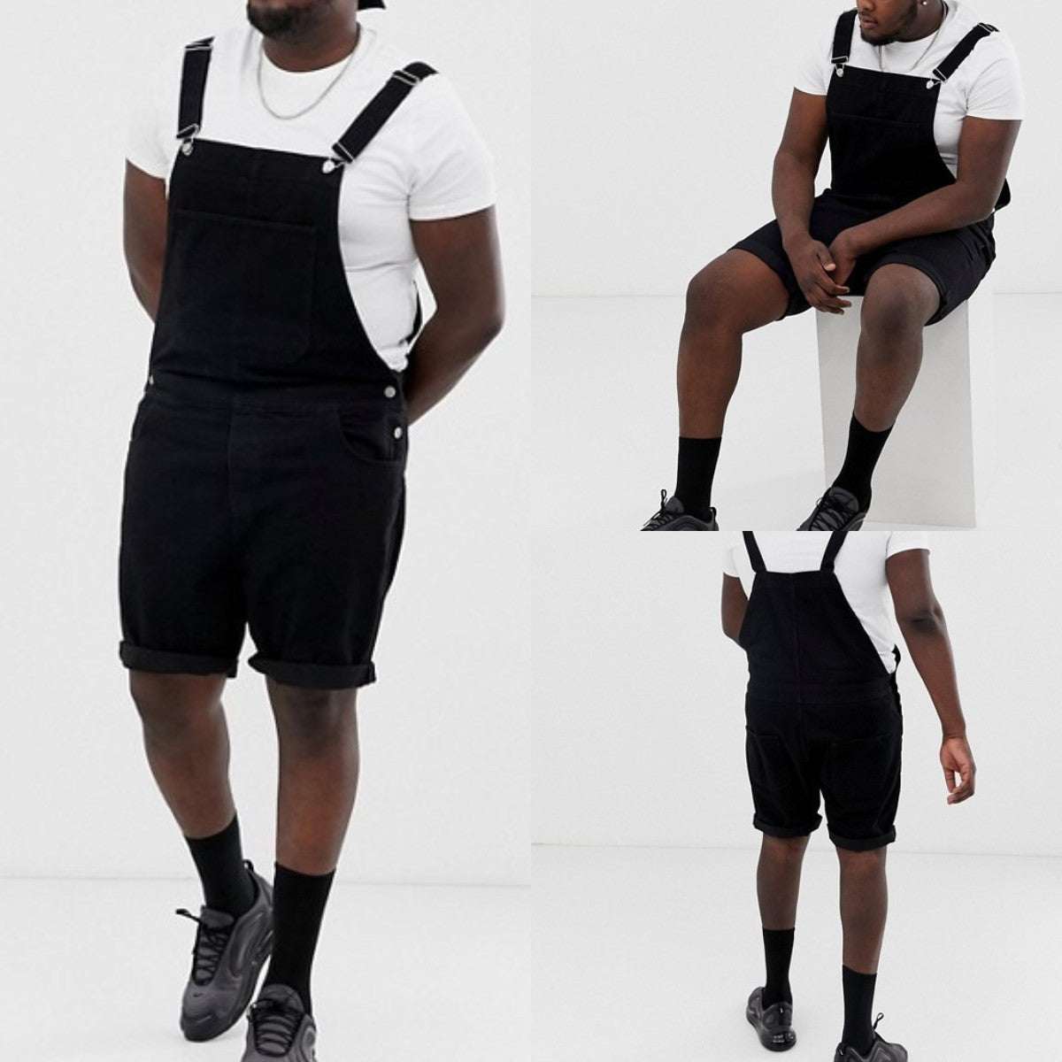 Person wearing black overalls and a white shirt on a white background
