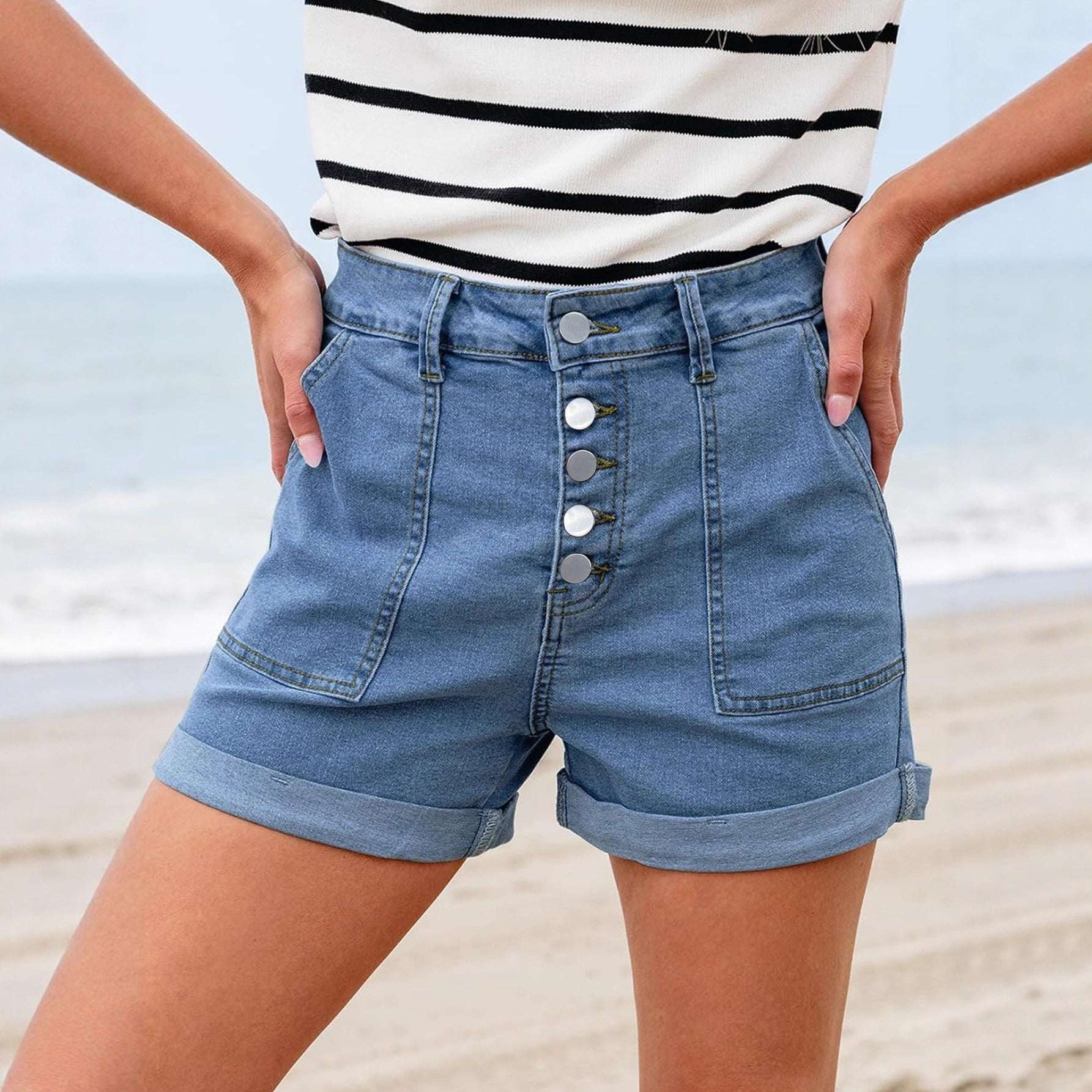 Women's Mid-Rise Cuff Hem Denim Jean Shorts