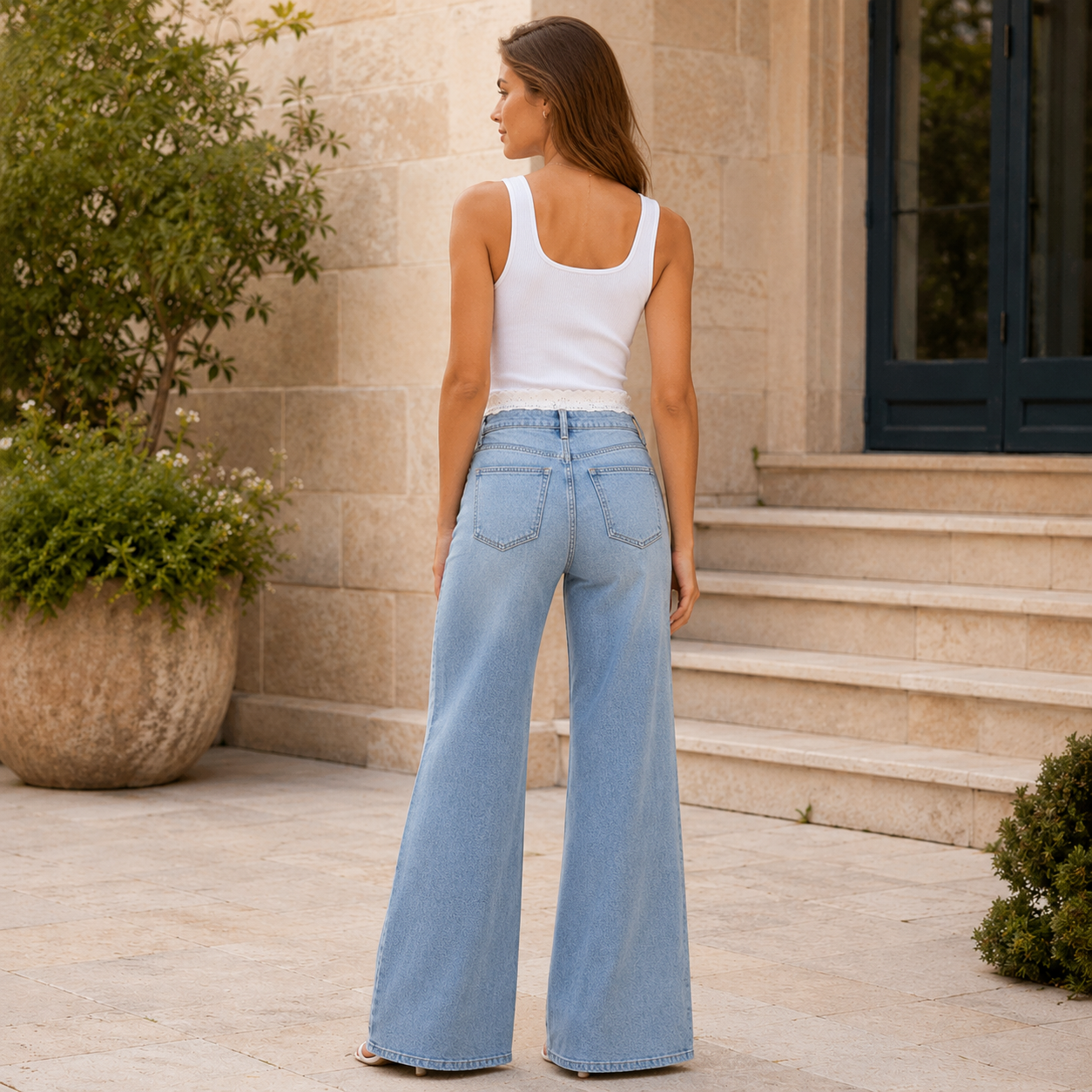 Lace-Trimmed Wide-Leg Flared Jeans - High Stretch Mid-Rise