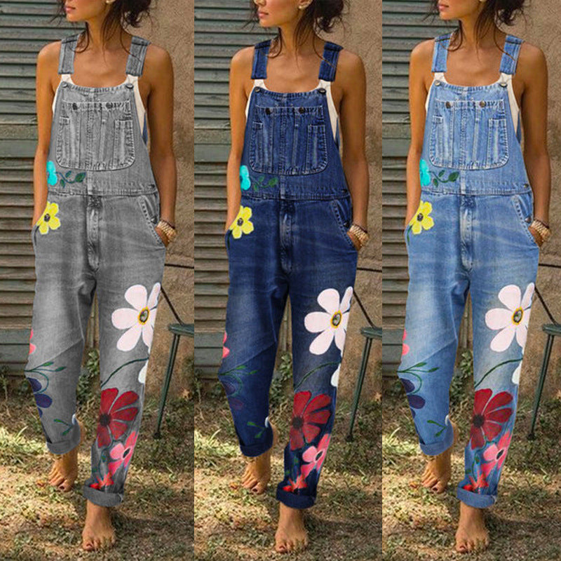 Floral Print Denim Overalls