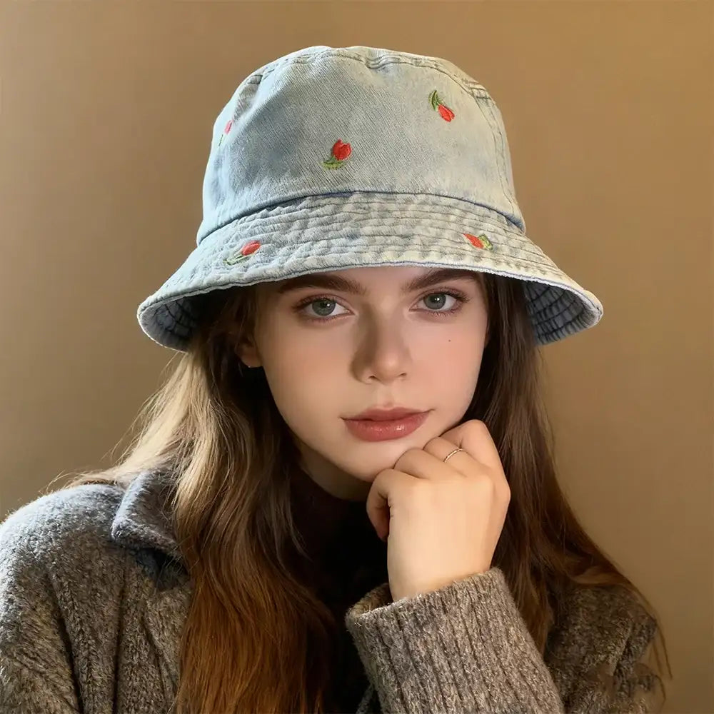 Embroidery Denim Bucket Hat