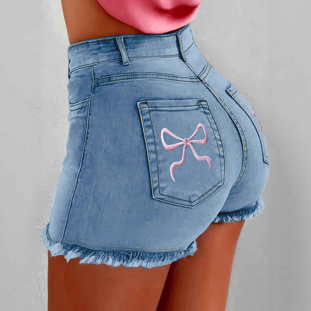 Bow-Knot Bodycon Denim Shorts - Mid-Waist Frayed Hem