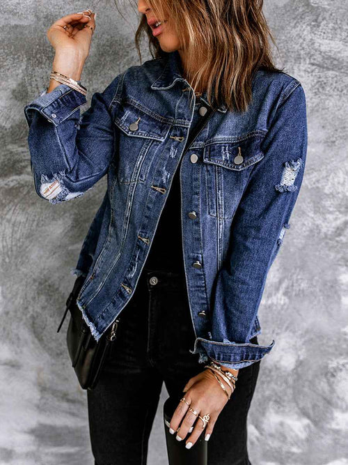Washed Denim Lapel Jacket - Loose Fit Cardigan Style