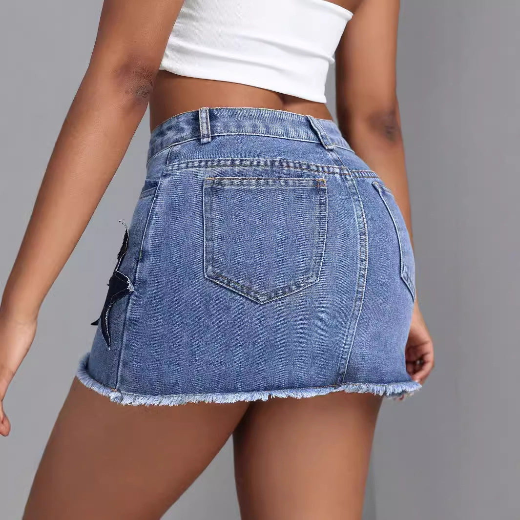 Denim Bodycon Skirt - High-Waisted Star Detail - Jeanity