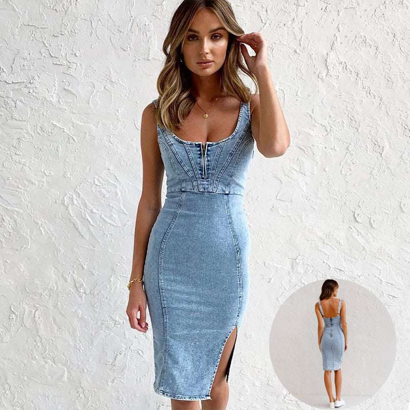 Woman wearing a denim dress with a white background