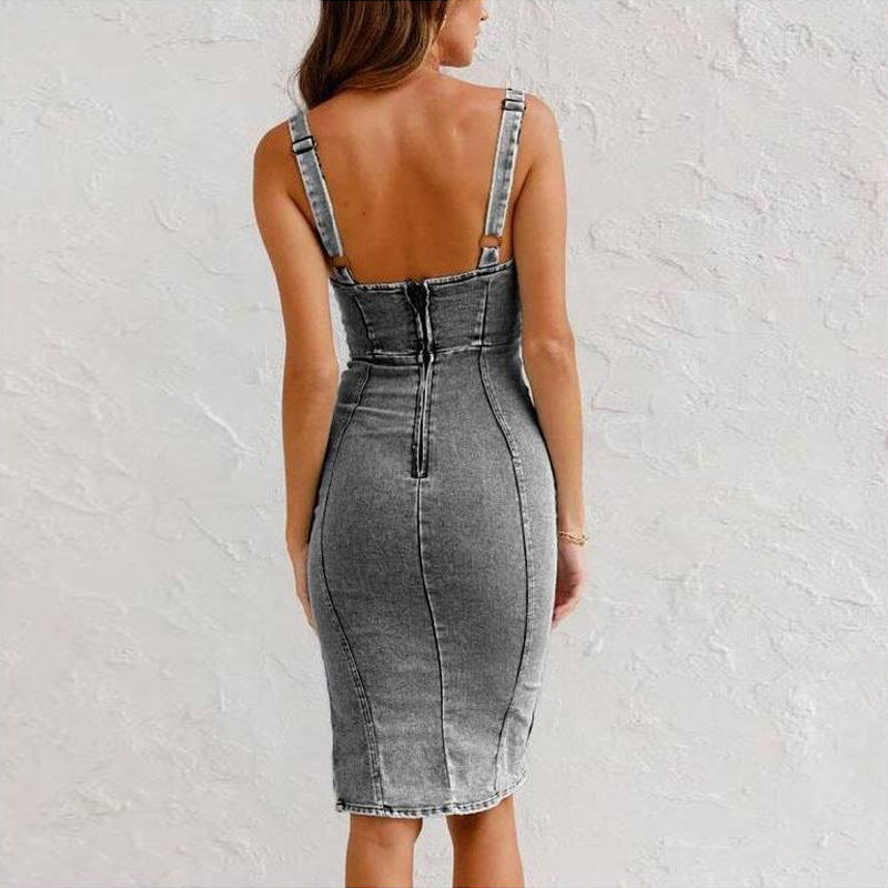 Slim Fit Suspender Denim Midi Dress
