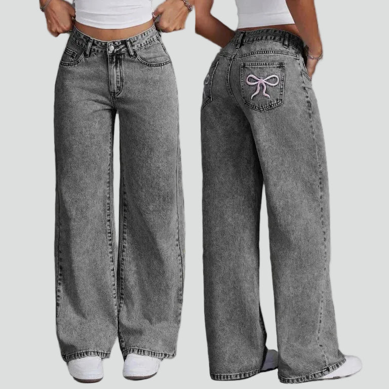 Gray wide-leg jeans shown from front and back on a white background