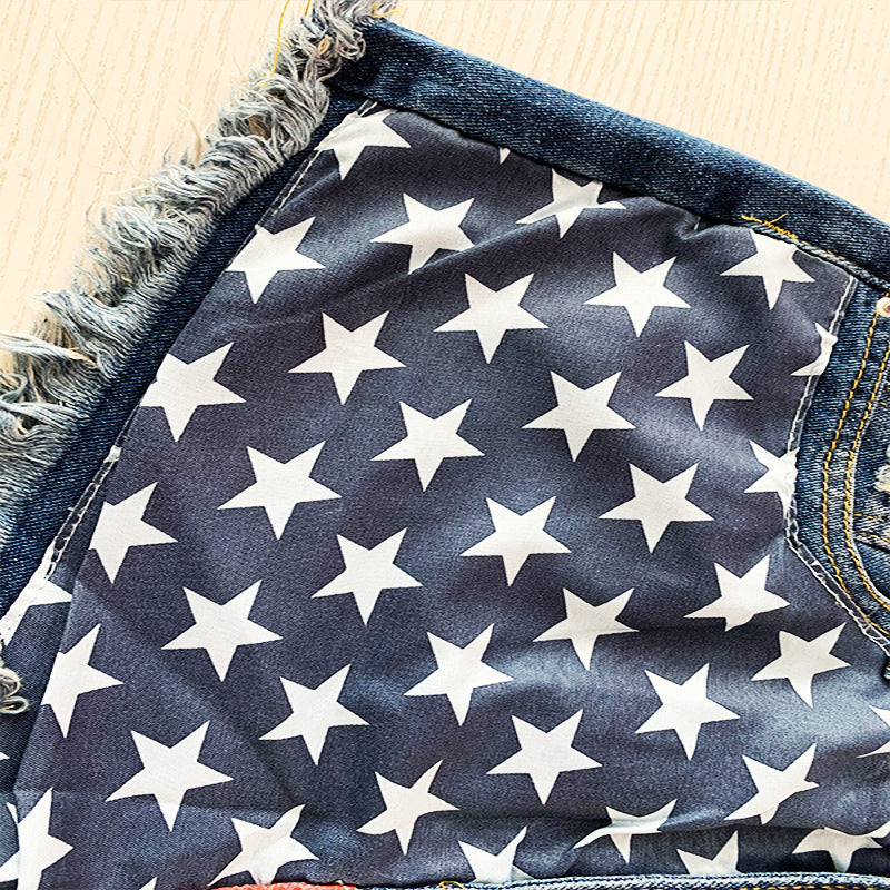 High-Waisted Stars'n'Stripes -Print Denim Shorts - Frayed Hem