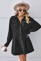 Jeanity Denim – Bell Sleeve A-Line Denim Dress – JeanityDenimBellSleeveALineDenimDressWomanwearingablackdenimdresswithabeigehatandsunglassesagainstagraybackground20260426132326jpg