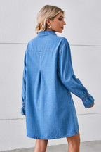 Jeanity Denim – Bell Sleeve A-Line Denim Dress – JeanityDenimBellSleeveALineDenimDressWomanwearingabluedenimdressagainstalightgraywall20260426132310jpg