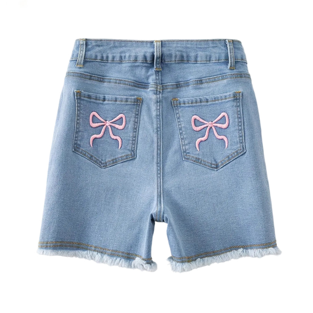 Jeanity Denim – Bow-Knot Bodycon Denim Shorts - Mid-Waist Frayed Hem – JeanityDenimBowKnotBodyconDenimShortsMidWaistFrayedHemDenimshortswithpinkbowsonthebackpocketsagainstalightbackground20260215122802jpg