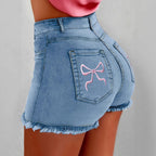 Jeanity Denim – Bow-Knot Bodycon Denim Shorts - Mid-Waist Frayed Hem – JeanityDenimBowKnotBodyconDenimShortsMidWaistFrayedHemFront20260215122800jpg