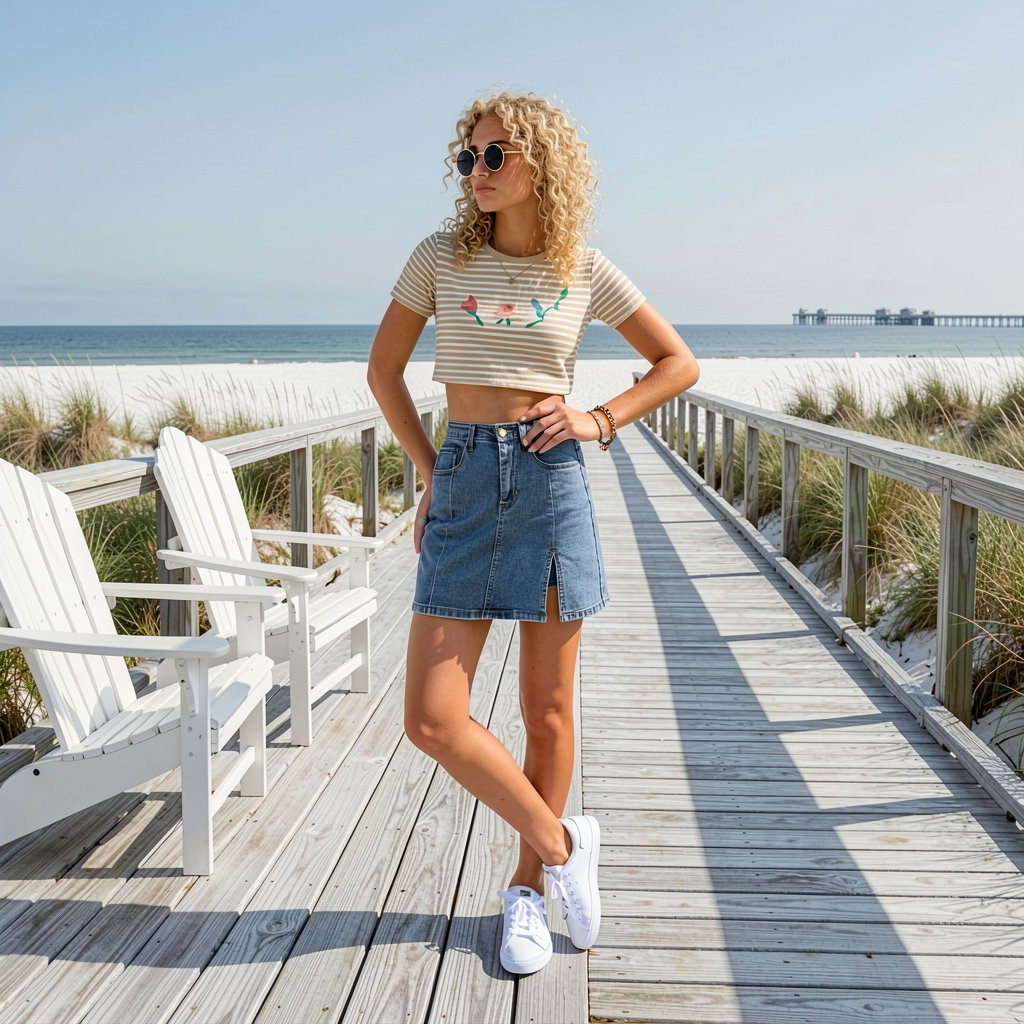 Jeanity Denim – Front Split Denim Skirt – JeanityDenimFrontSplitDenimSkirtWomanstandingonawoodenboardwalkbythebeachwearingastripedcroptopanddenimskirt20260528055218png