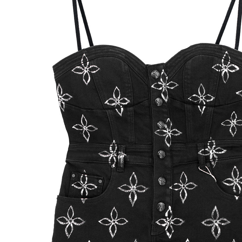Jeanity Denim – High-Waist Denim Suspender Dress - Black with White Floral – JeanityDenimHighWaistDenimSuspenderDressBlackwithWhiteFloralLifestyle20260221232559jpg