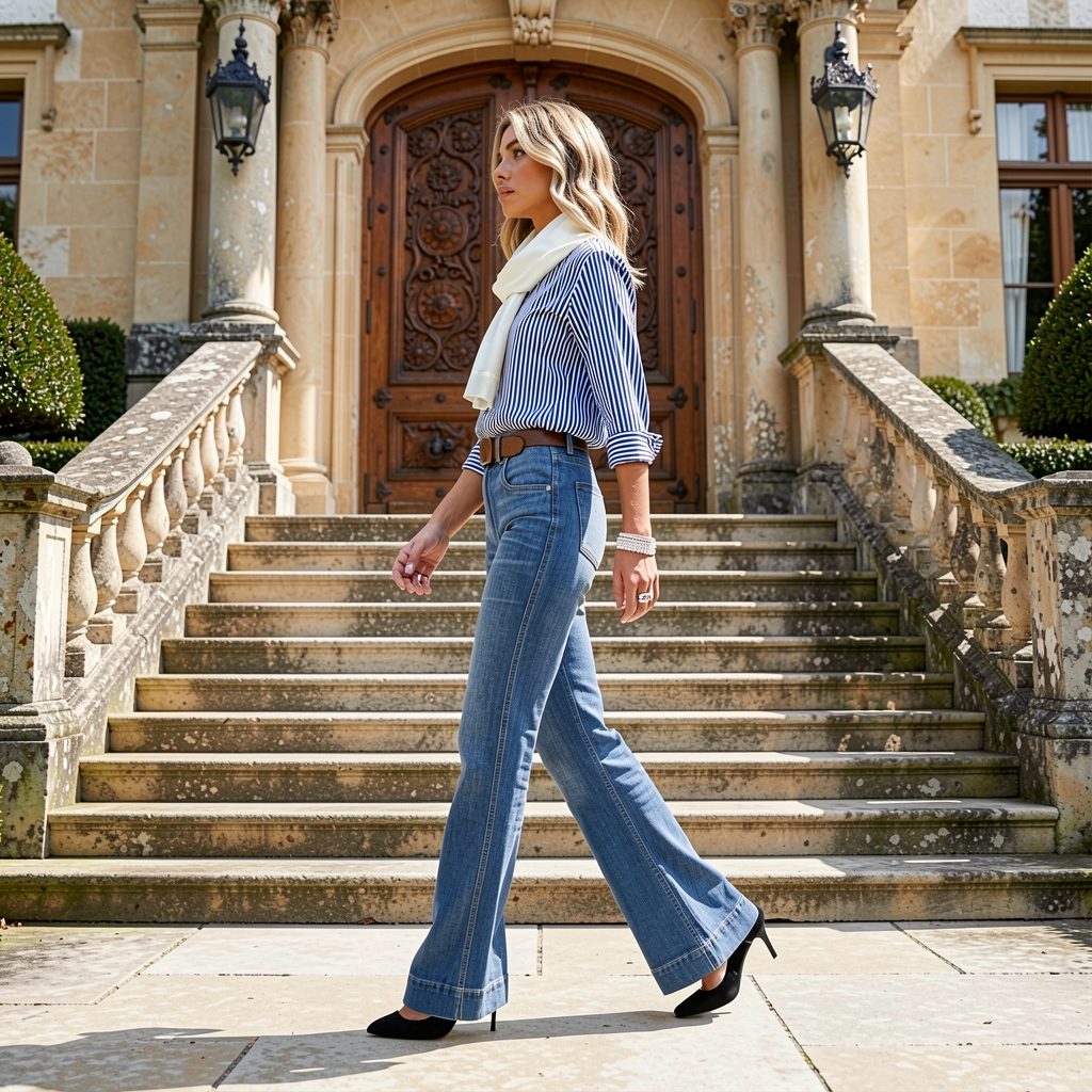 Woman walking up a set of stairs in front of an elegant building