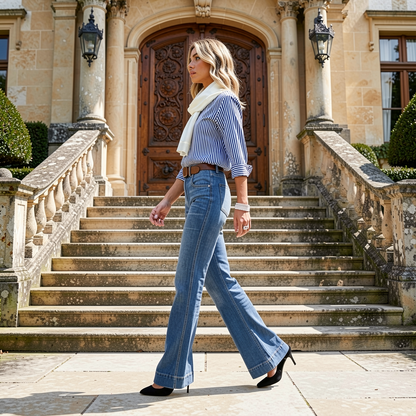Woman walking up a set of stairs in front of an elegant building