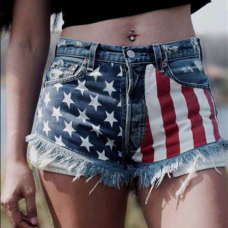 Jeanity Denim – High-Waisted Stars'n'Stripes -Print Denim Shorts - Frayed Hem – JeanityDenimHighWaistedStarsnStripesPrintDenimShortsFrayedHemBack20260330125328jpg