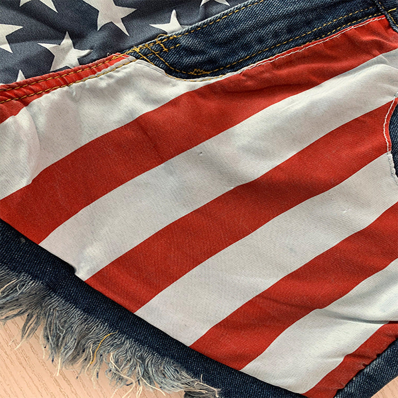 Jeanity Denim – High-Waisted Stars'n'Stripes -Print Denim Shorts - Frayed Hem – JeanityDenimHighWaistedStarsnStripesPrintDenimShortsFrayedHemClose20260215122818jpg