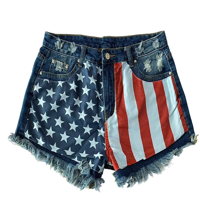 Jeanity Denim – High-Waisted Stars'n'Stripes -Print Denim Shorts - Frayed Hem – JeanityDenimHighWaistedStarsnStripesPrintDenimShortsFrayedHemDenimshortswithAmericanflagpatternonabeigebackground20260215122815jpg
