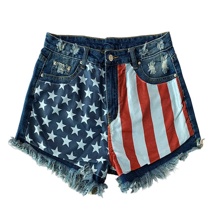 Jeanity Denim – High-Waisted Stars'n'Stripes -Print Denim Shorts - Frayed Hem – JeanityDenimHighWaistedStarsnStripesPrintDenimShortsFrayedHemDenimshortswithAmericanflagpatternonabeigebackground20260215122815jpg