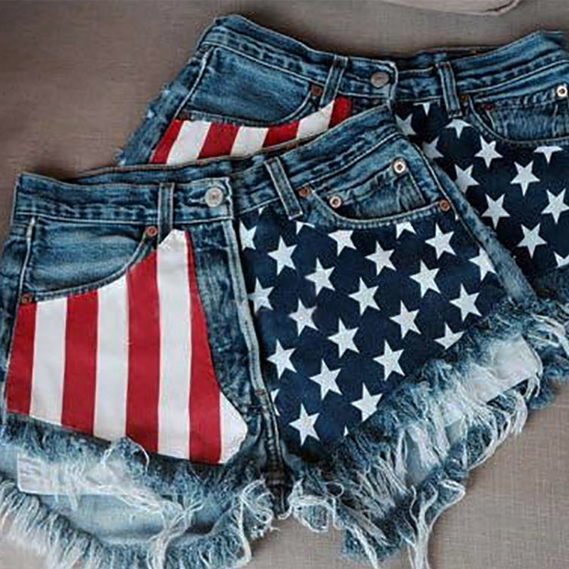 Jeanity Denim – High-Waisted Stars'n'Stripes -Print Denim Shorts - Frayed Hem – JeanityDenimHighWaistedStarsnStripesPrintDenimShortsFrayedHemLifestyle20260215122816jpg