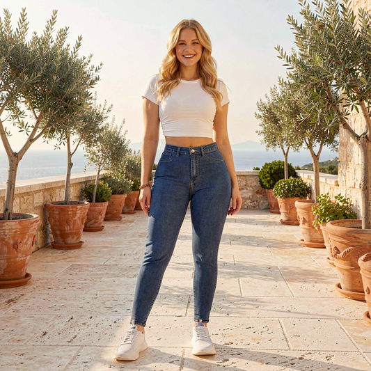 A woman stands on a sunlit stone terrace lined with potted olive trees, wearing a white cropped short-sleeve top, blue high-waisted skinny jeans, and white sneakers.