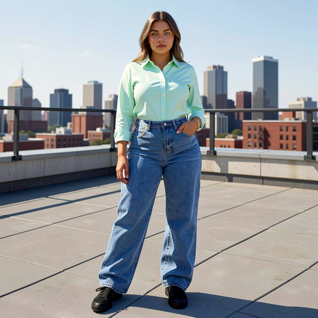Woman in light green shirt and blue jeans standing on a rooftop with city skyline in the background