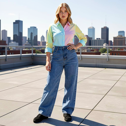 Woman wearing a colorful shirt and blue jeans on a rooftop with city skyline in the background