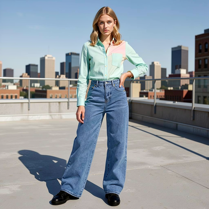Woman in a light green shirt and blue jeans standing on a rooftop with a cityscape in the background