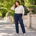Jeanity Denim – High Waist Stretch Plus Size Denim Jeans – JeanityDenimHighWaistStretchPlusSizeDenimJeansWomanwearingabeigeblouseandbluepantsstandingoutdoorswithgreeneryinthebackground20260513041715png
