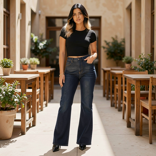 Jeanity Denim – High Waisted Slimming Straight Leg BBL Jeans – JeanityDenimHighWaistedSlimmingStraightLegBBLJeansWomaninblacktopandbluejeansstandinginasunlitoutdoorsettingwithwoodentablesandplants20260604141703png