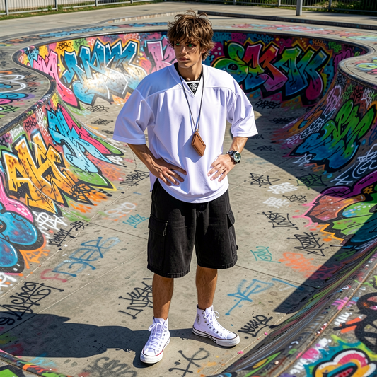 Person standing in a graffiti-covered skate bowl wearing a white shirt, black shorts, and white sneakers.