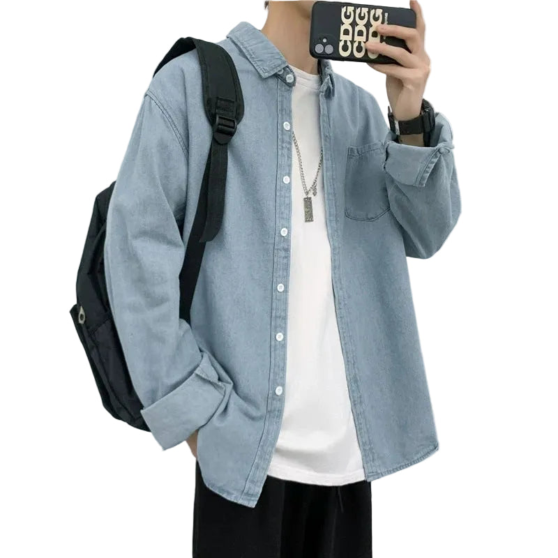Jeanity Denim – Men's Denim Long-Sleeve Shirt – JeanityDenimMensDenimLongSleeveShirtPersonwearingalightbluedenimshirtwithablackbackpackonawhitebackground20260216125434jpg