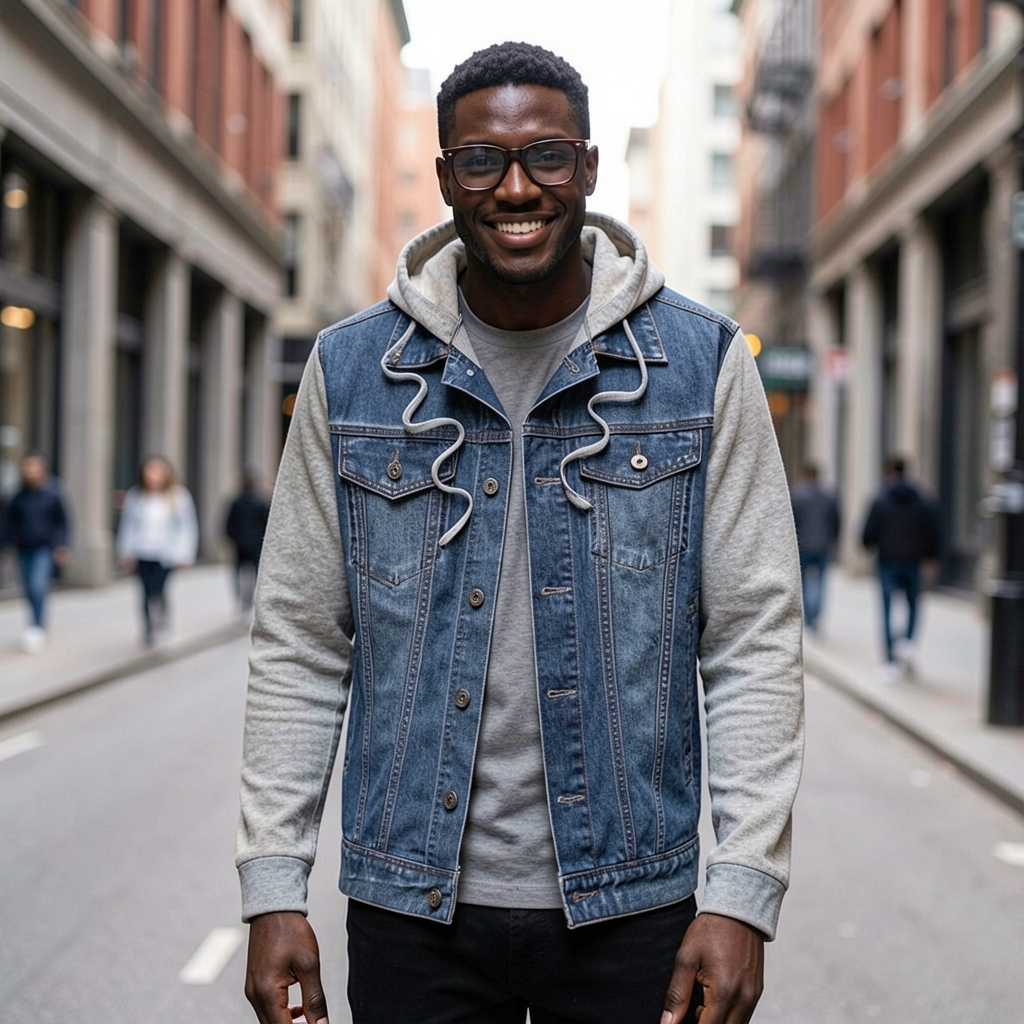 Jeanity Denim – Men's Hooded Denim Jacket – JeanityDenimMensHoodedDenimJacketManwearingadenimjacketandglassesonacitystreet20260525065825png