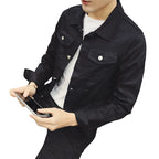 Jeanity Denim – Men's Lightweight Slim-Fit Denim Jacket – JeanityDenimMensLightweightSlimFitDenimJacketPersonwearingablackjacketsittingonthefloorwithaphoneandwallet20260217032053jpg