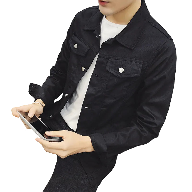 Jeanity Denim – Men's Lightweight Slim-Fit Denim Jacket – JeanityDenimMensLightweightSlimFitDenimJacketPersonwearingablackjacketsittingonthefloorwithaphoneandwallet20260217032053jpg