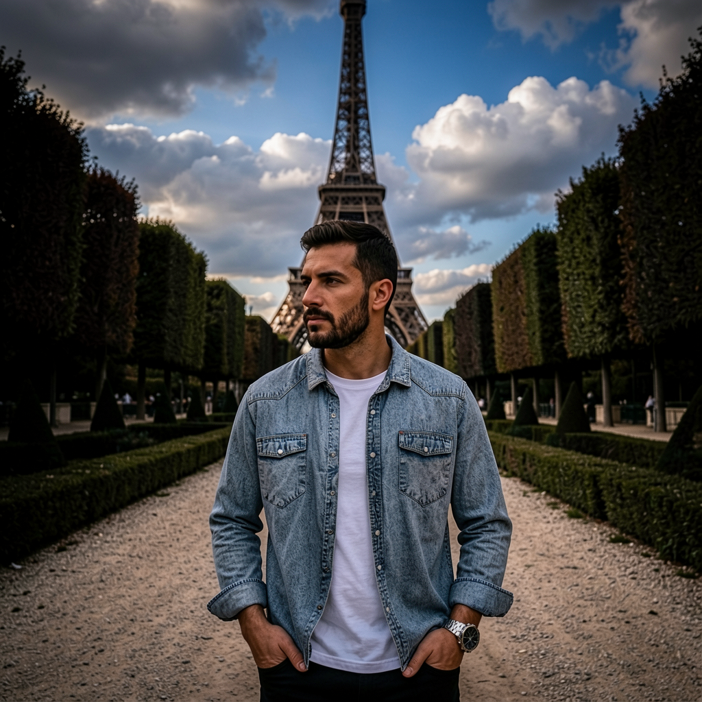 Jeanity Denim – Men's Long Sleeve Denim Shirt – JeanityDenimMensLongSleeveDenimShirtManstandinginfrontoftheEiffelTowerwithablueskyandcloudsinthebackground20260525071943png
